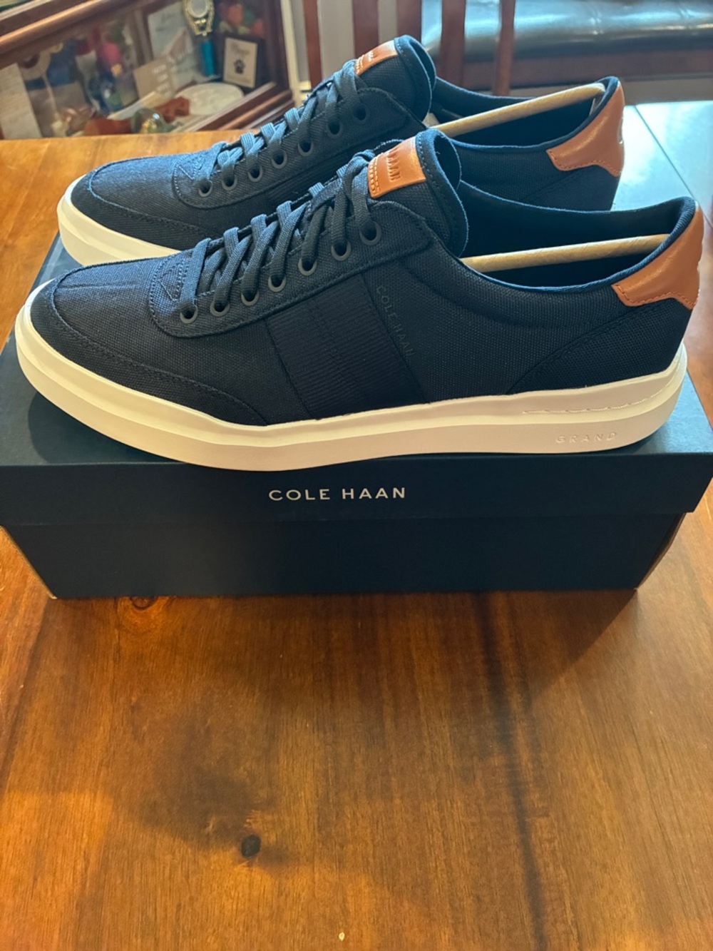 Cole Haan Navy Canvas Sneakers with Tan Heel Accents